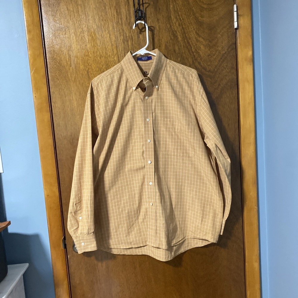 Alan Flusser Mens Large Orange Grid Button Up Long Sleeve Shirt Regular Fit